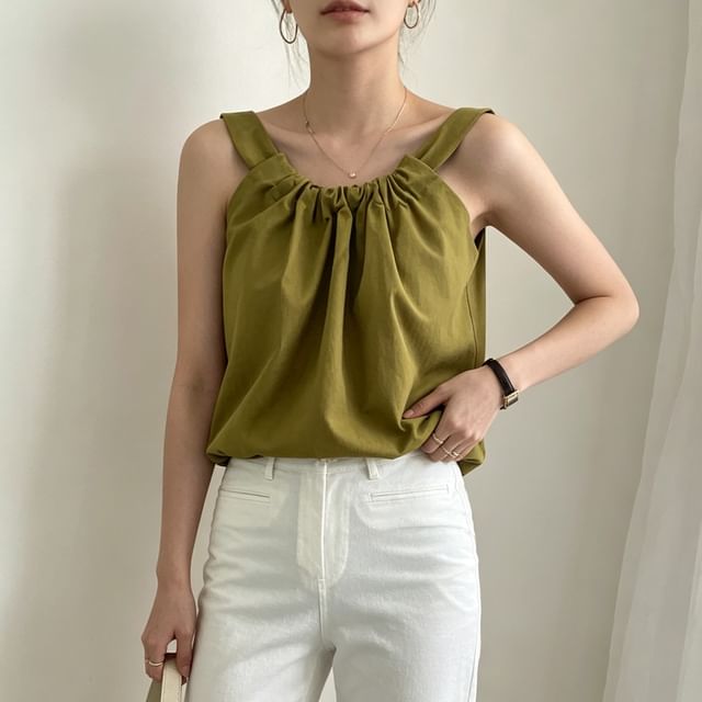 PINPI-Sleeveless Plain Ruched Blouse