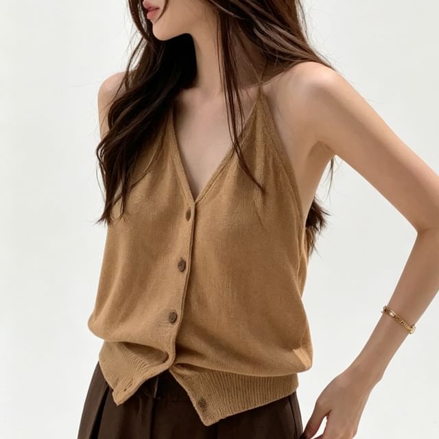 PINPI-Sleeveless V-Neck Button-Up Plain Knit Top