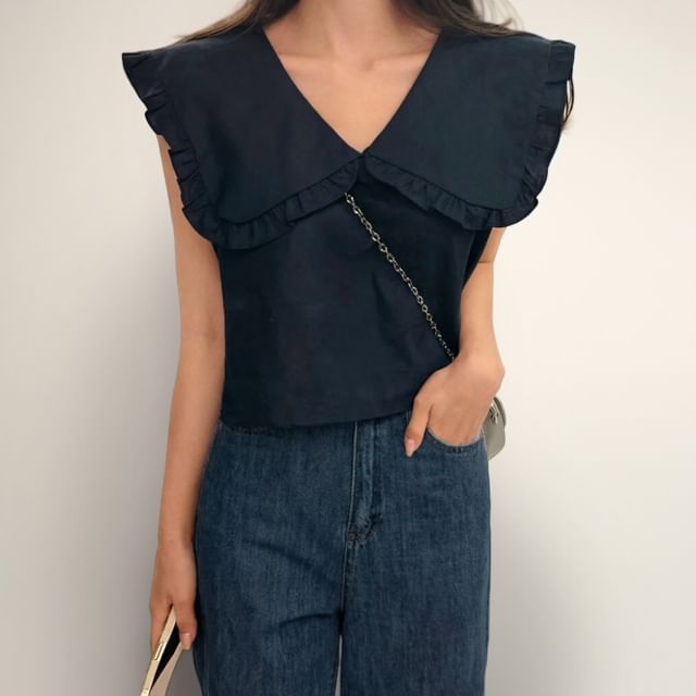 PINPI-Sleeveless V-Neck Collared Plain Crop Top