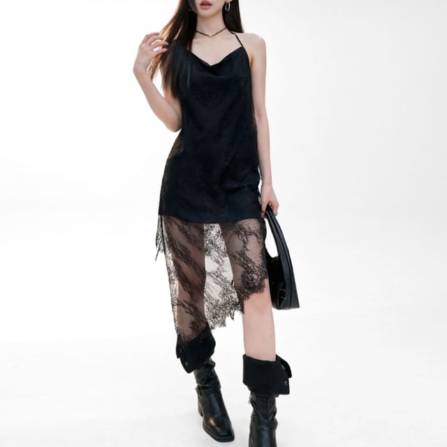 PINPI-Spaghetti Strap Asymmetrical Lace Panel Dress
