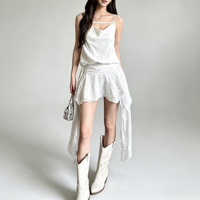 PINPI-Spaghetti Strap Cowl Neck Asymmetrical Embroidered Layered Mini A-Line Dress