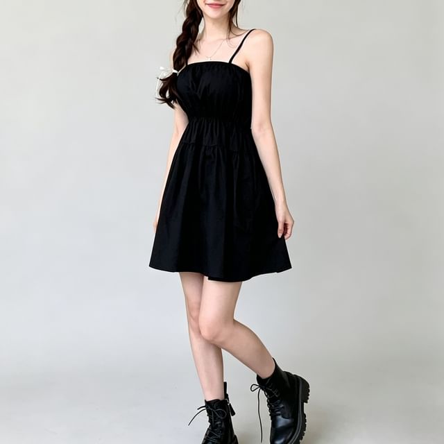 PINPI-Spaghetti Strap Plain Mini A-Line Dress