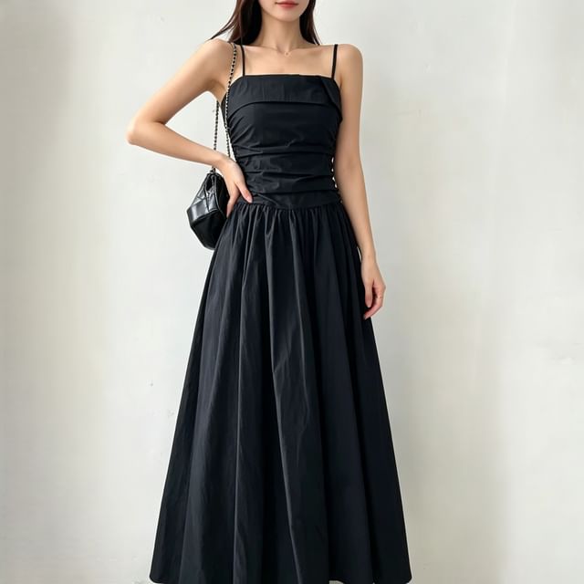 PINPI-Spaghetti Strap Plain Ruched Maxi A-Line Dress
