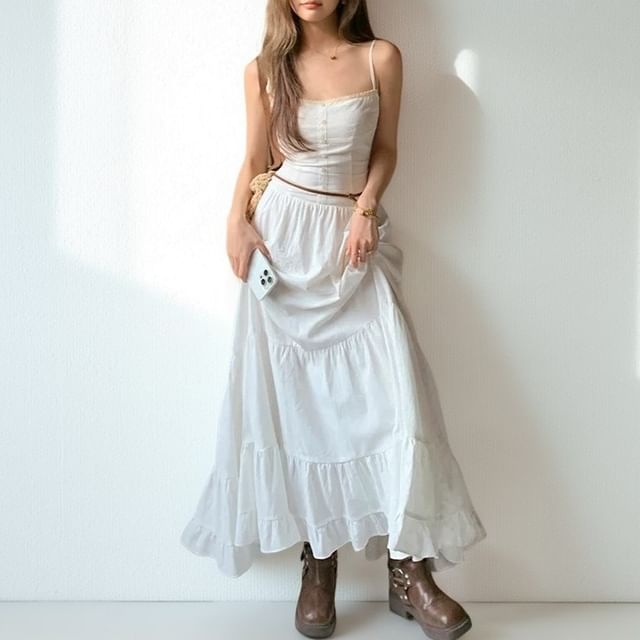 PINPI-Spaghetti Strap Plain Ruffle Tiered Maxi A-Line Dress