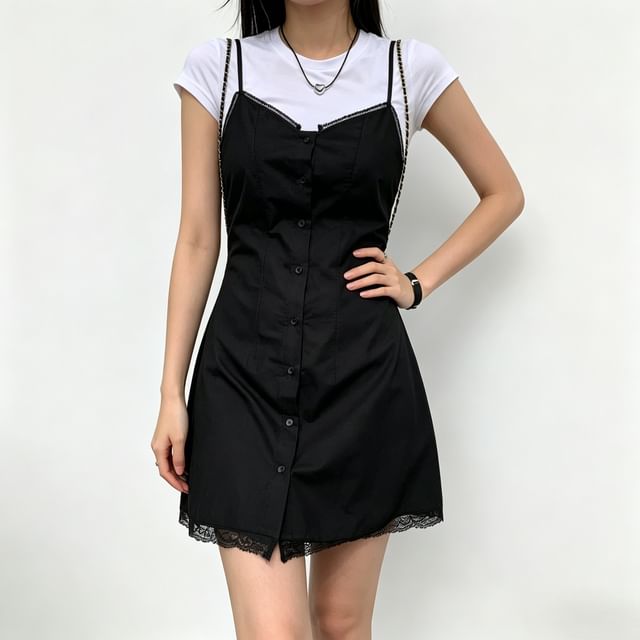 PINPI-Spaghetti Strap V-Neck Lace Trim Button-Up Plain Mini A-Line Dress