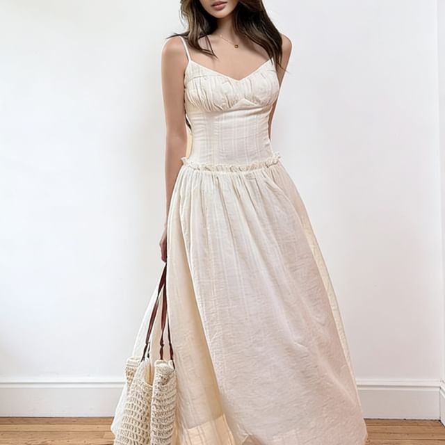 PINPI-Spaghetti Strap V-Neck Plain Maxi A-Line Dress