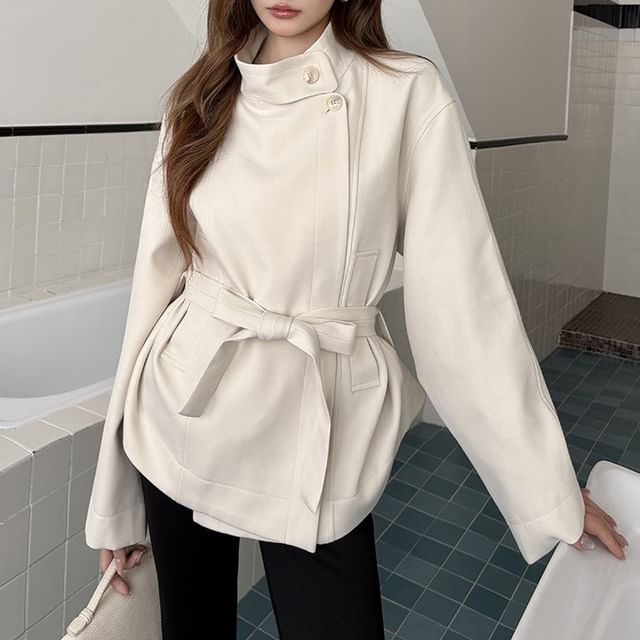 PINPI-Stand Collar Plain Sashed Button Trench Jacket