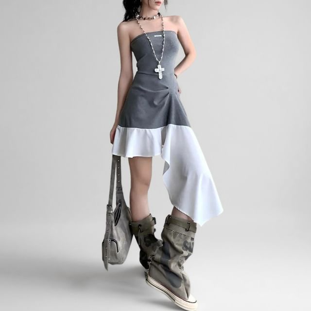 PINPI-Strapless Two Tone Asymmetrical Mini Dress