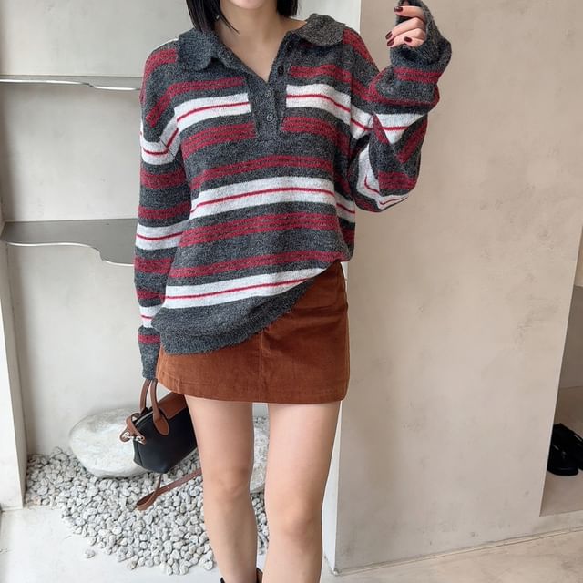 PINPI-Striped Polo Sweater