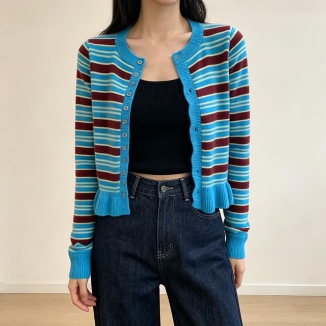 PINPI-Striped Ruffle Cuff Button-Up Crop Knit Cardigan