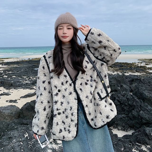 PINPI-V-Neck Leopard Print Fleece Button Jacket