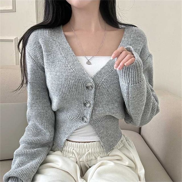 PINPI-V-Neck Plain Cardigan
