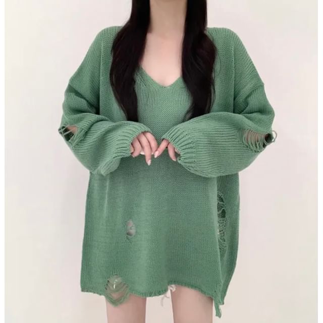 PINPI-V-Neck Plain Distressed Oversized Sweater