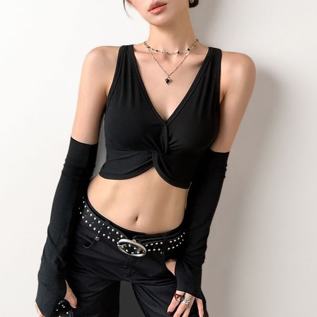 PINPI-V-Neck Plain Front-Slit Knot Cropped Halter Top