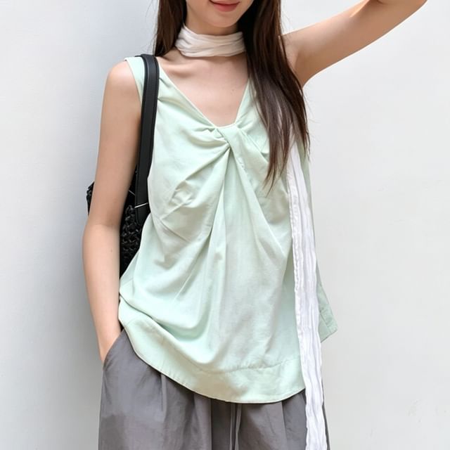 PINPI-V-Neck Plain Ruched Open Back Tank Top