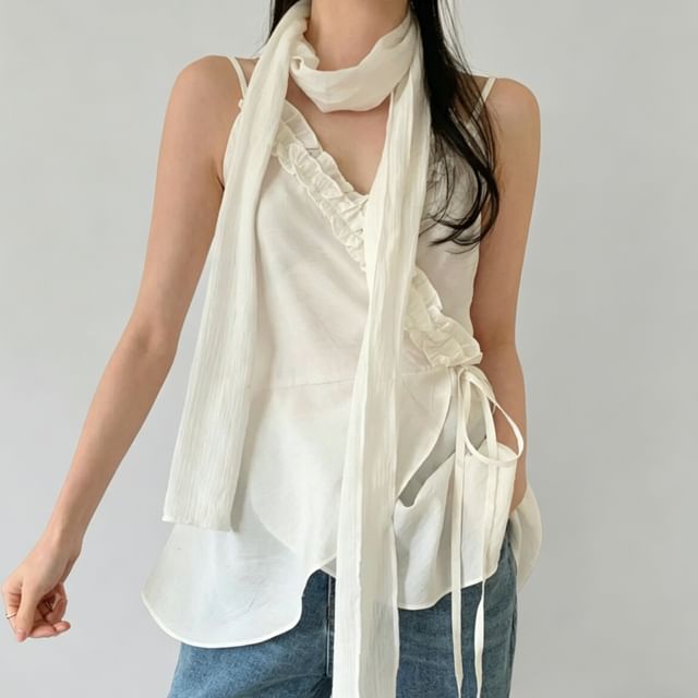PINPI-V-Neck Plain Ruffle Asymmetrical Camisole Top