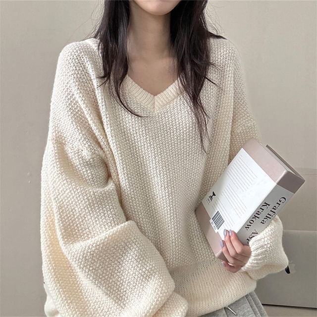 PINPI-V-Neck Plain Sweater