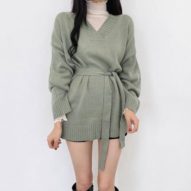 PINPI-V-Neck Plain Tie-Waist Sweater