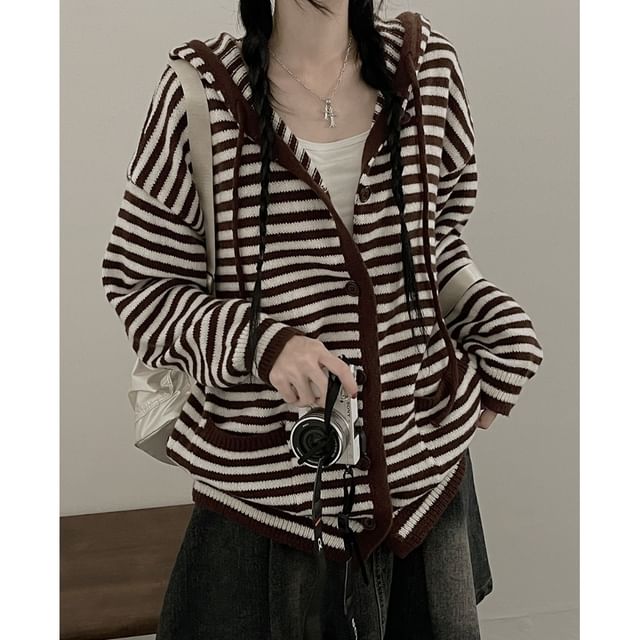 PINPI-V-Neck Striped Drawstring Hooded Cardigan