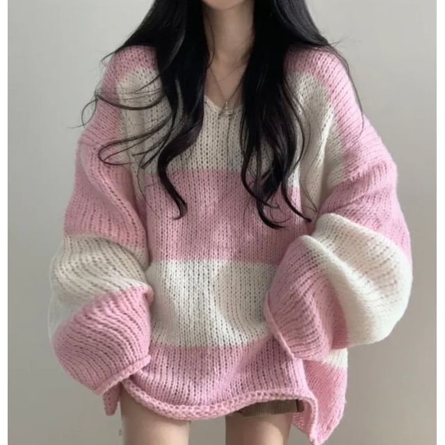 PINPI-V-Neck Striped Oversized Sweater