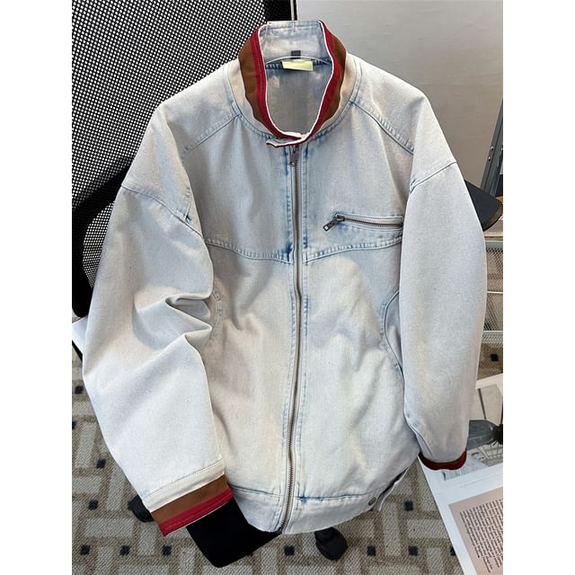 Plummie-Collar Washed Denim Zip Jacket