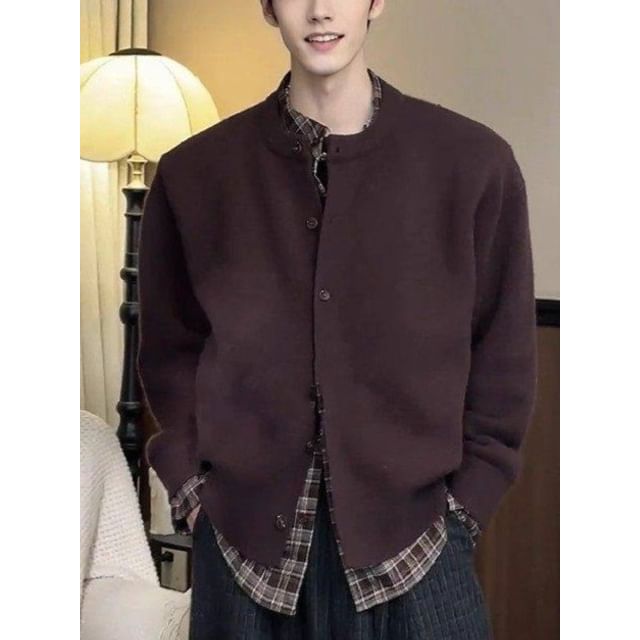 Plummie-Collared Plaid Mock Two Piece Cardigan