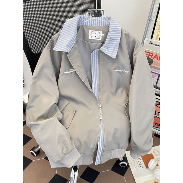 Plummie-Collared Striped Panel Zip Jacket