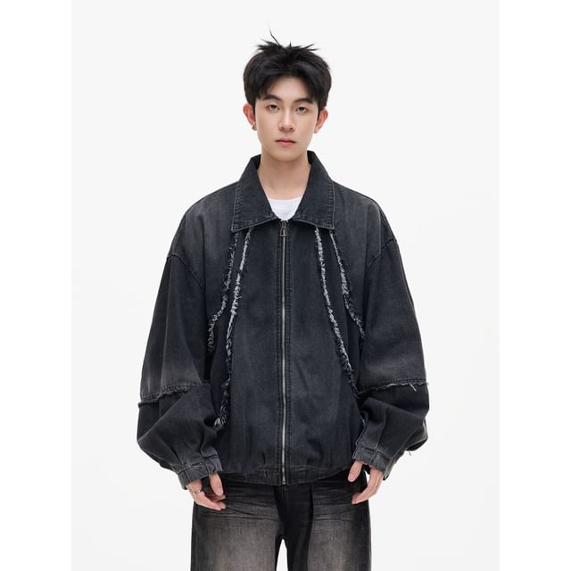 Plummie-Collared Zip-Up Denim Jacket