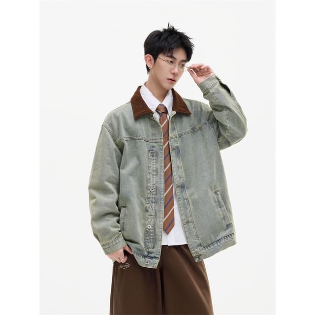 Plummie-Corduroy Collar Button-Up Denim Jacket