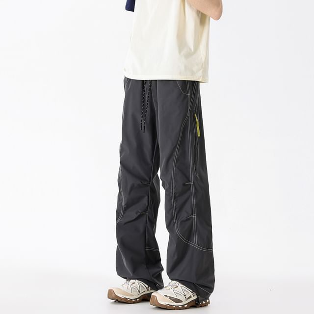 Plummie-Drawstring Waist Contrast Stitching Loose Fit Cargo Pants