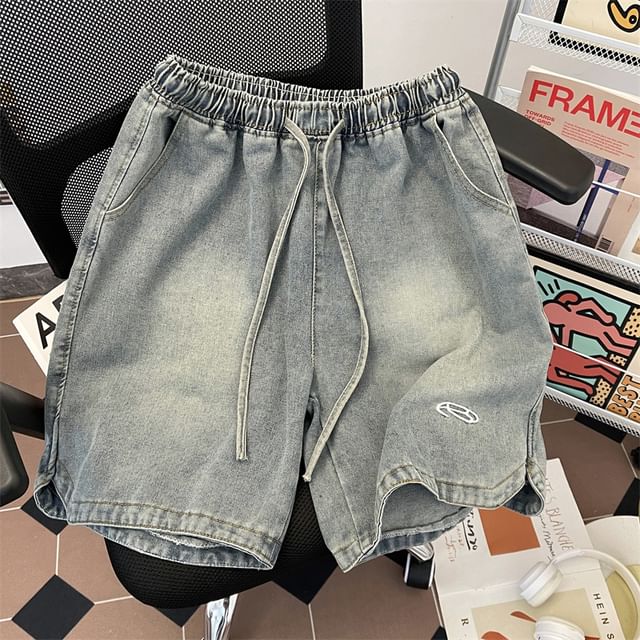 Plummie-Drawstring Waist Logo Washed Denim Shorts