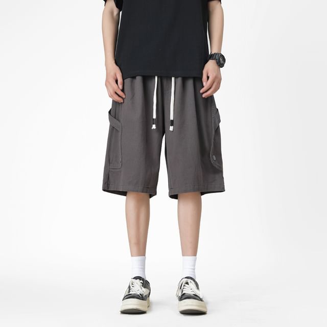 Plummie-Drawstring Waist Plain Cargo Shorts