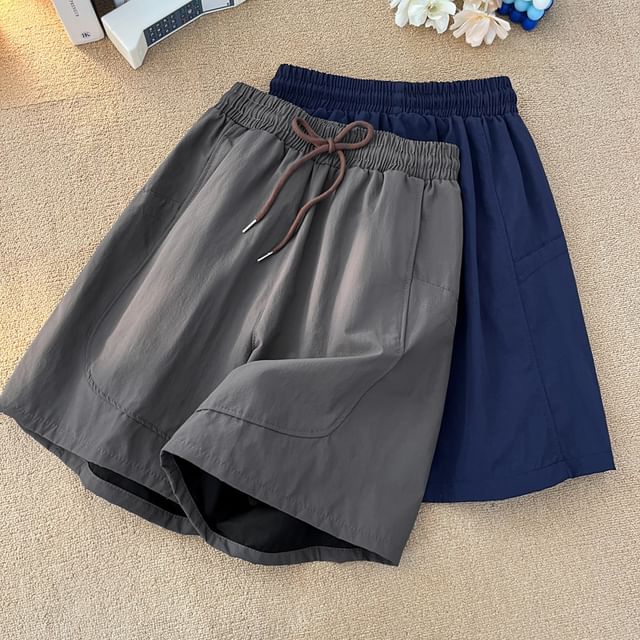 Plummie-Drawstring Waist Plain Sweat Shorts