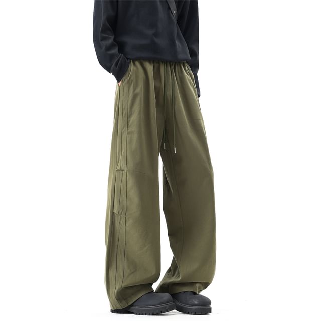 Plummie-Drawstring Waist Plain Wide Leg Pants