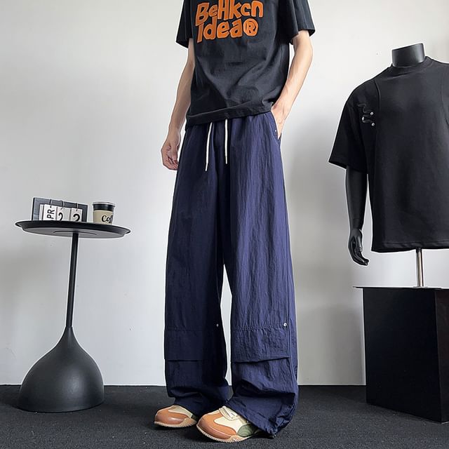 Plummie-Drawstring Waist Plain Wide Leg Pants