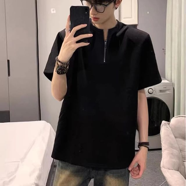 Plummie-Elbow-Sleeve Crew Neck Half-Zip Plain T-Shirt