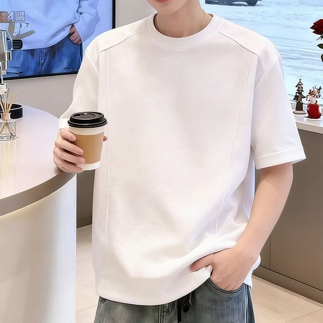 Plummie-Elbow-Sleeve Crew Neck Plain T-Shirt