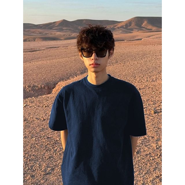 Plummie-Elbow-Sleeve Crew Neck Plain T-Shirt