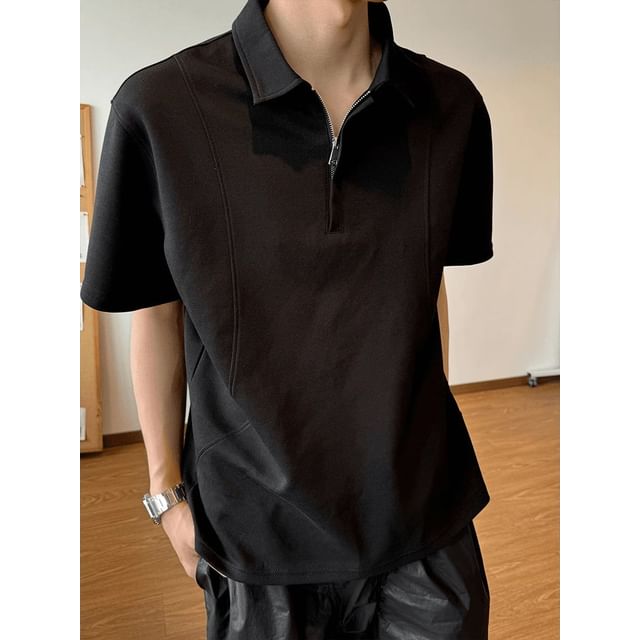 Plummie-Elbow-Sleeve Half-Zip Plain Polo Shirt