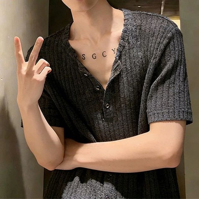 Plummie-Elbow-Sleeve Henley Plain T-Shirt
