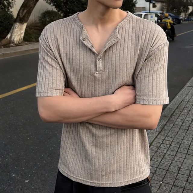 Plummie-Elbow-Sleeve Henley Plain T-Shirt