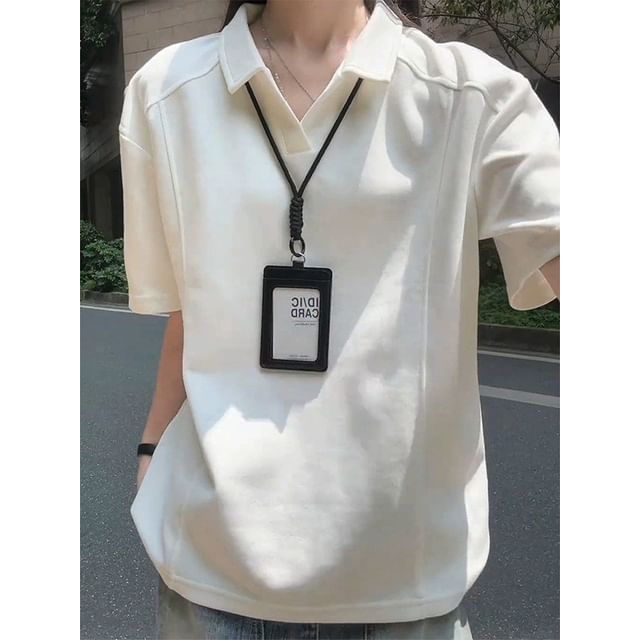 Plummie-Elbow-Sleeve V-Neck Collared Plain T-Shirt