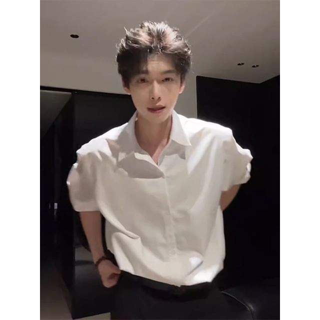 Plummie-Long-Sleeve Button-Up Plain Shirt