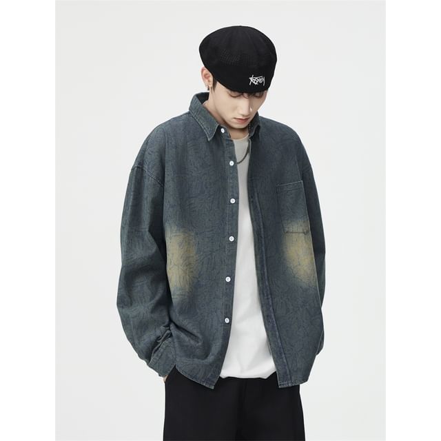 Plummie-Long-Sleeve Collared Washed Denim Button Up Shirt
