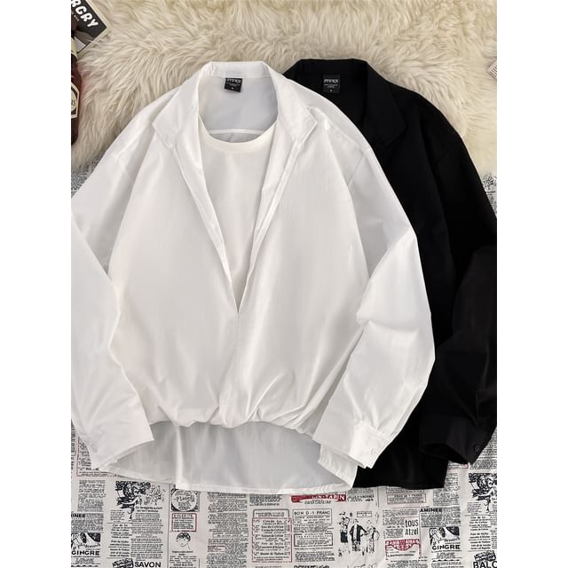 Plummie-Long-Sleeve Stand Collar Plain Shirt