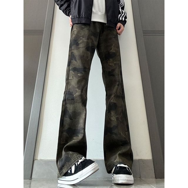 Plummie-Mid Rise Camo Print Flared Jeans