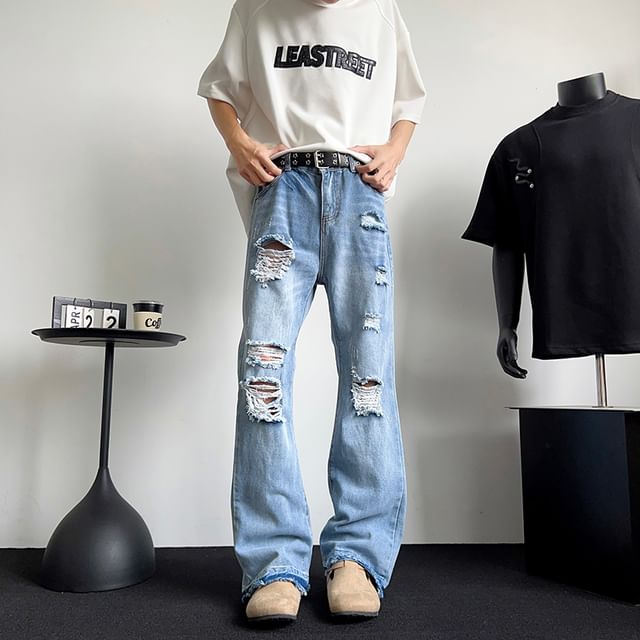 Plummie-Mid Rise Distressed Washed Bootcut Jeans