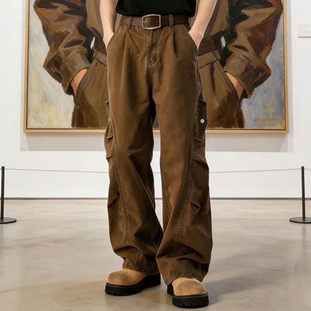 Plummie-Mid Rise Plain Wide Leg Cargo Jeans