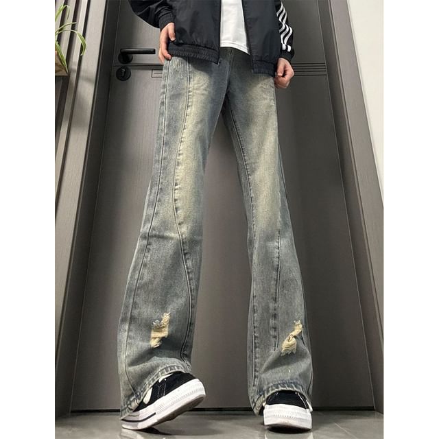 Plummie-Mid Rise Washed Distressed Flared Jeans