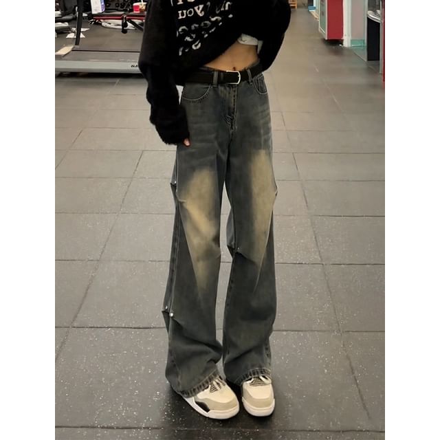 Plummie-Mid Rise Washed Studded Flared Jeans